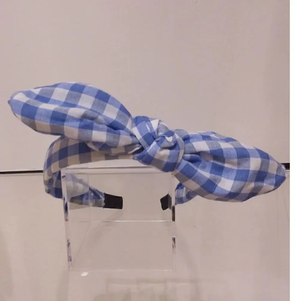 Light blue gingham Alice band with bow - Picture 2 of 2